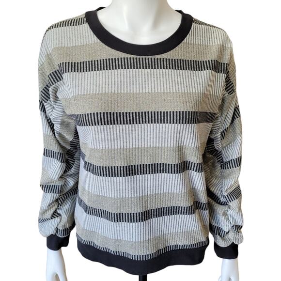 BCBGENERATION Metallic Stripe Sweater Sz Medium Sparkly Festive Glitter Neutral - Picture 1 of 10